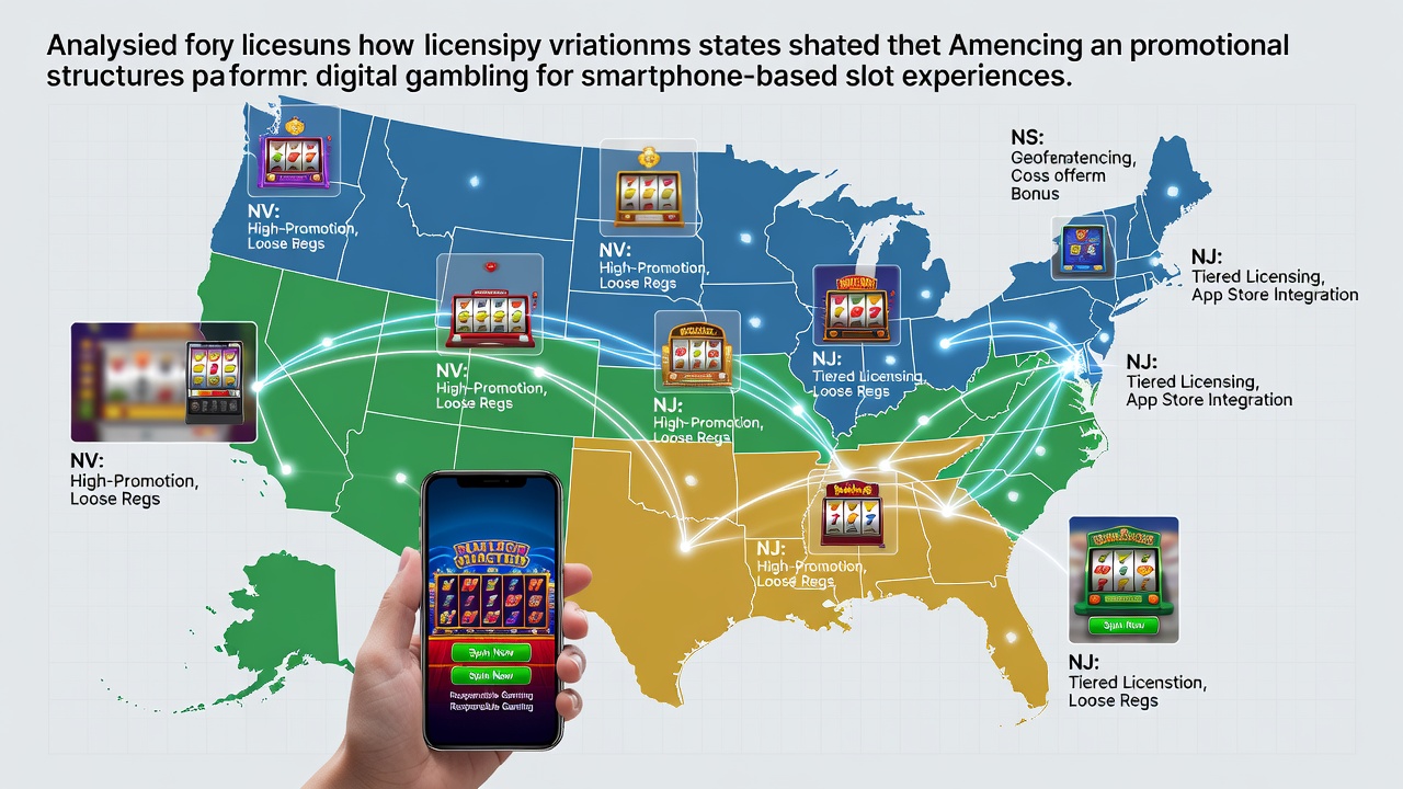 Smartphone displaying slot game interface with state licensing icons overlaid on a map of the United States