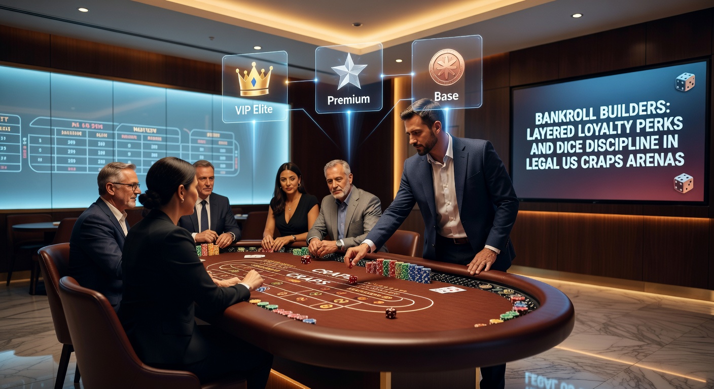 Vibrant craps table in a bustling legal US casino, surrounded by players tossing dice amid stacks of colorful chips and cheering crowds