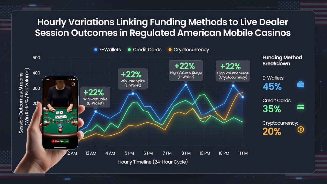 Infographic displaying hourly payment method correlations with live dealer outcomes in US mobile casinos