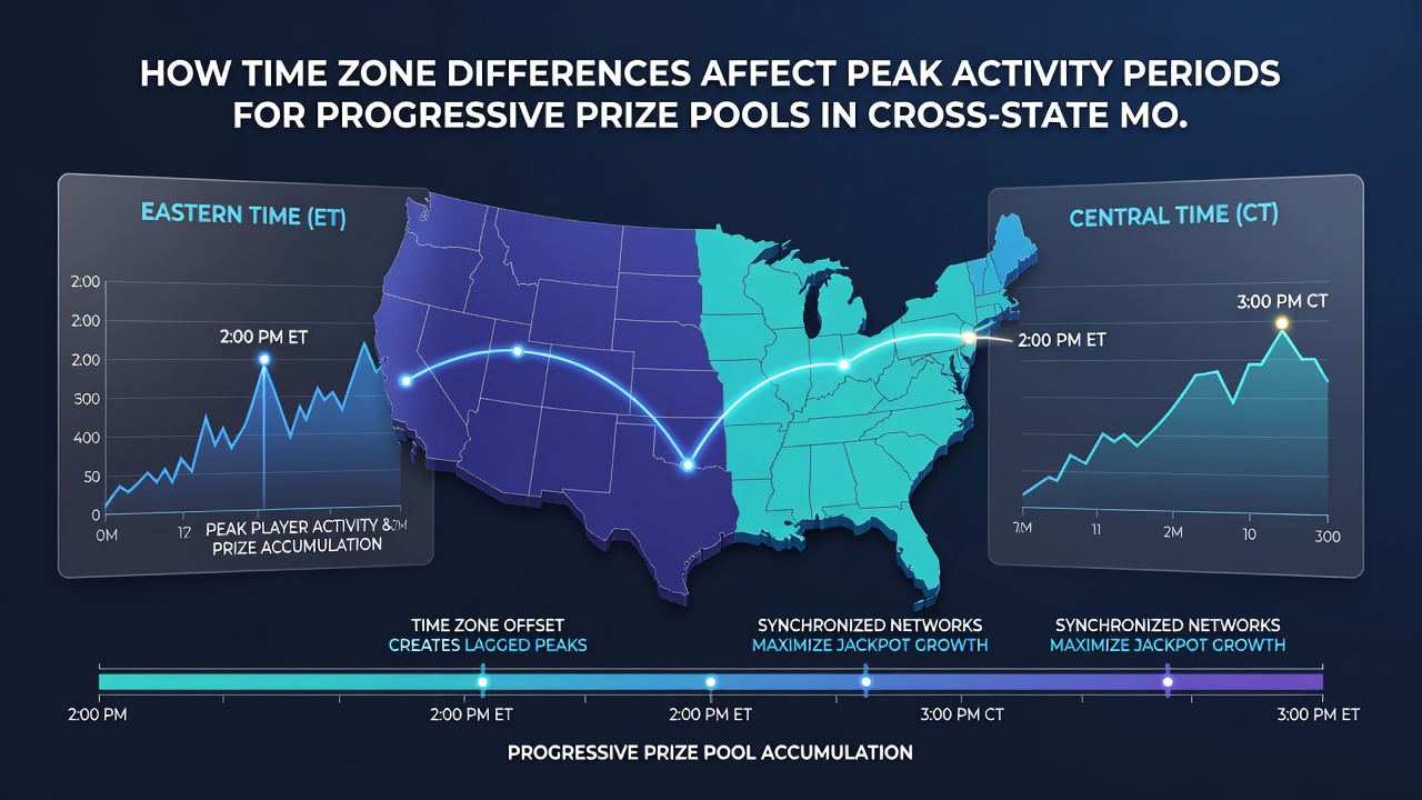 Graph illustrating staggered contribution peaks across Eastern, Central, and Mountain time zones for shared progressive jackpots