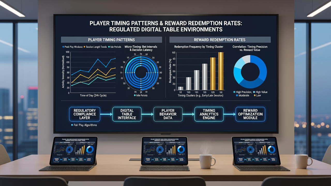 Analytics dashboard displaying player timing patterns linked to reward redemption across different regulated jurisdictions