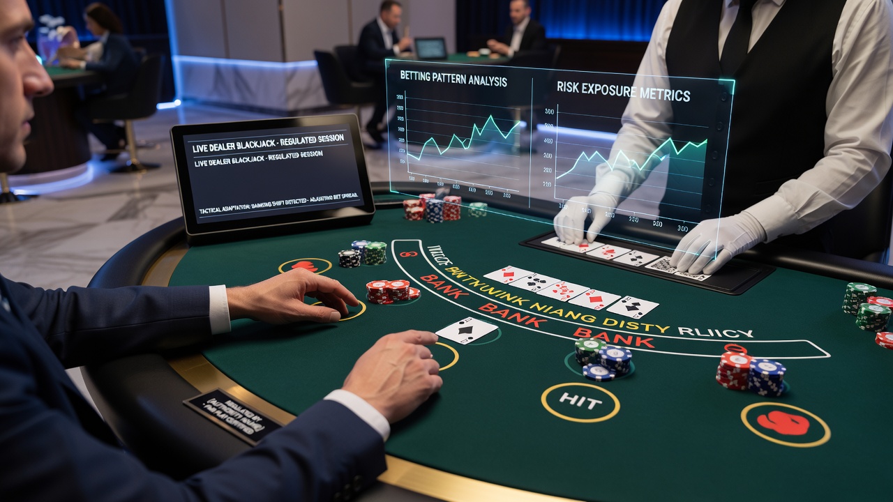 Close-up view of live blackjack table on mobile screen with banking menu overlay during strategy adjustment
